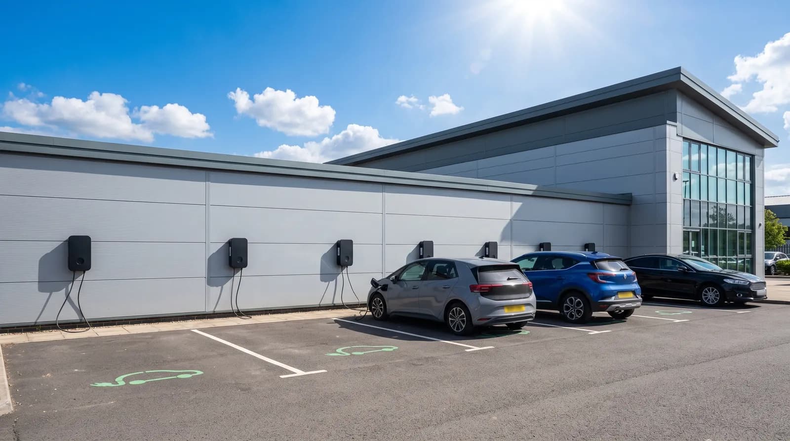 A row of wall-mounted EV charge points along the side of a grey clad commercial building, with marked charging bays and three cars plugged in