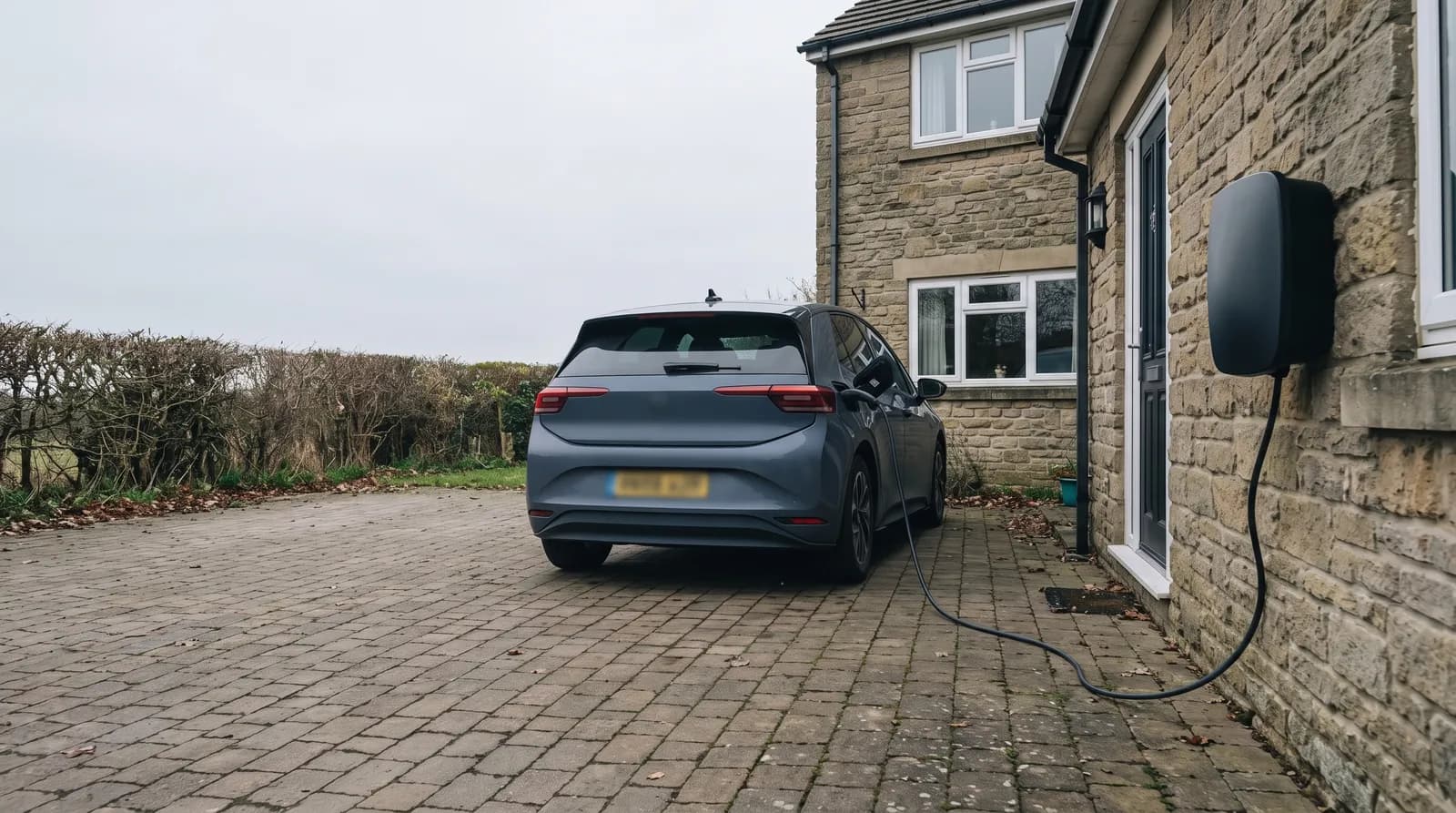 A grey electric hatchback charging on a block-paved driveway beside a gritstone house, the black wall-mounted charge point on the stone and the cable running to the car
