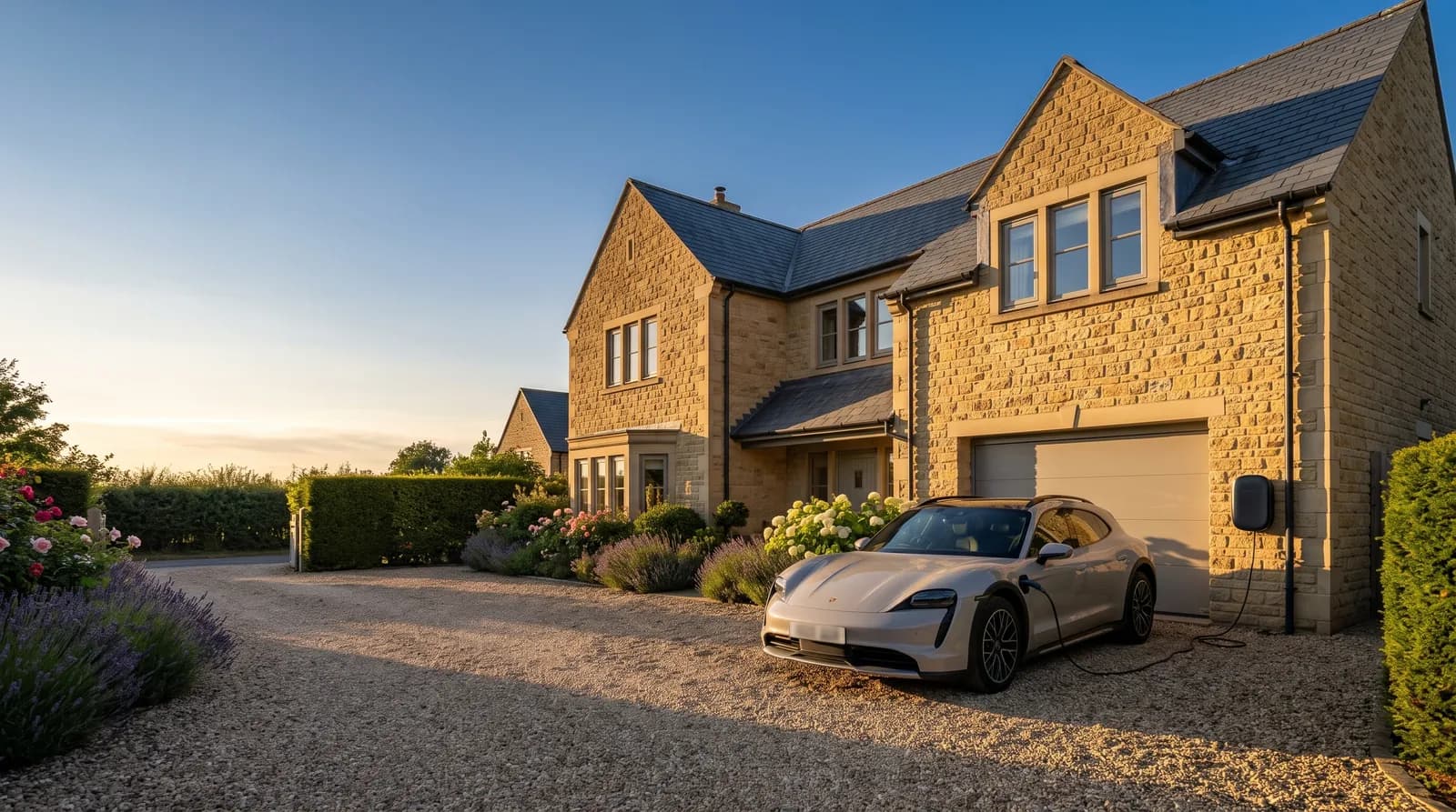 An electric car charging on the gravel drive of a large stone detached house beside its integral garage in low evening sun