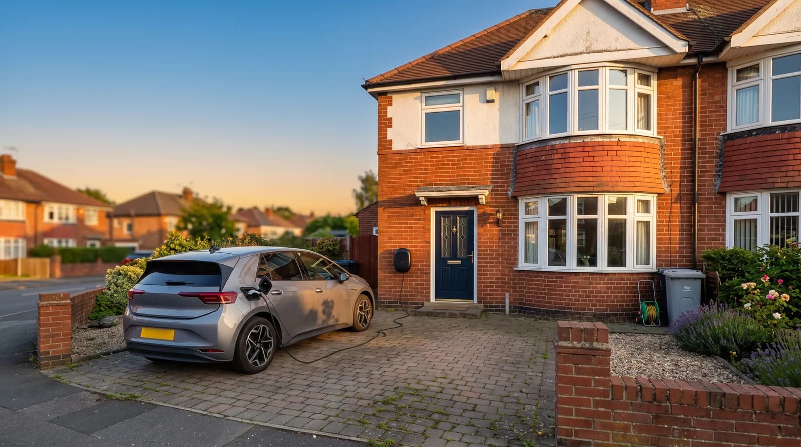 An electric car charging on the block-paved drive of a bay-fronted red-brick semi-detached house, with a street of similar houses behind it at sunset