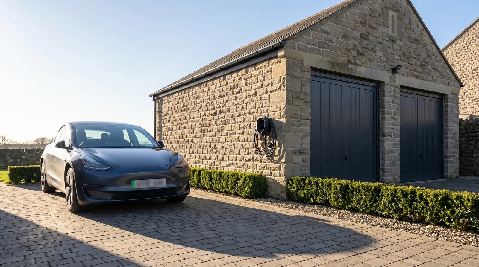 A dark electric car parked beside a stone double garage with the tethered charge point and its coiled lead mounted on the stone between the two doors
