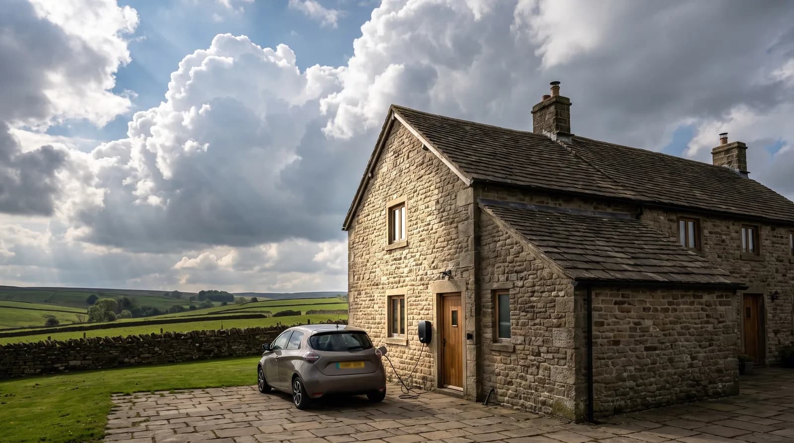 An electric car charging beside a stone farmhouse with a stone slate roof, dry stone walls and open fields behind it under a cloudy sky