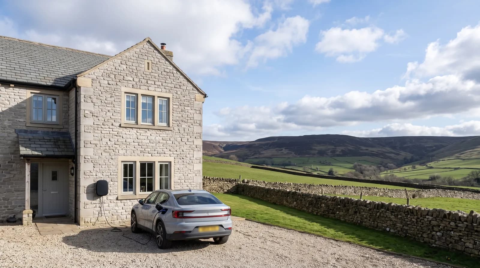 An electric car charging on the gravel drive of a limestone village house, with a dry stone wall and a moorland valley behind