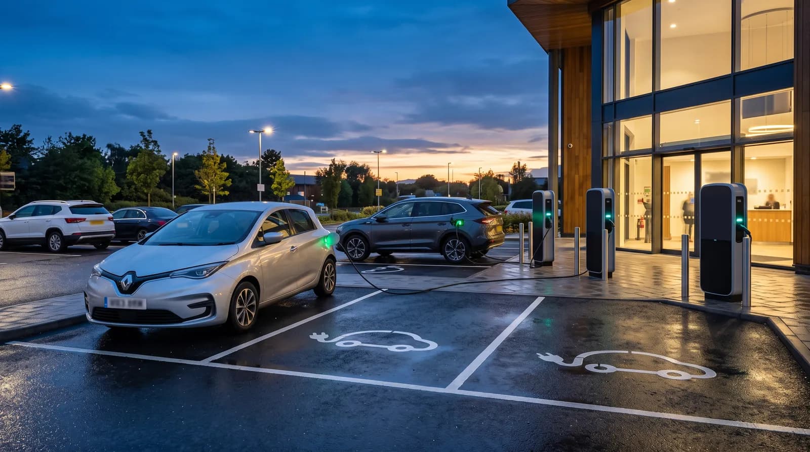 Free-standing EV charge posts in a car park outside a lit building at dusk, with two cars charging in bays marked with the EV symbol