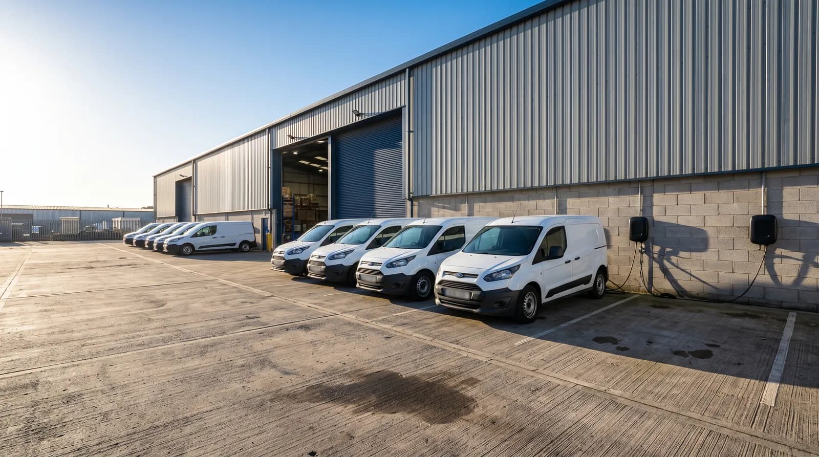 A line of white vans parked at an industrial depot, with wall-mounted charge points fixed to the blockwork beside the loading doors