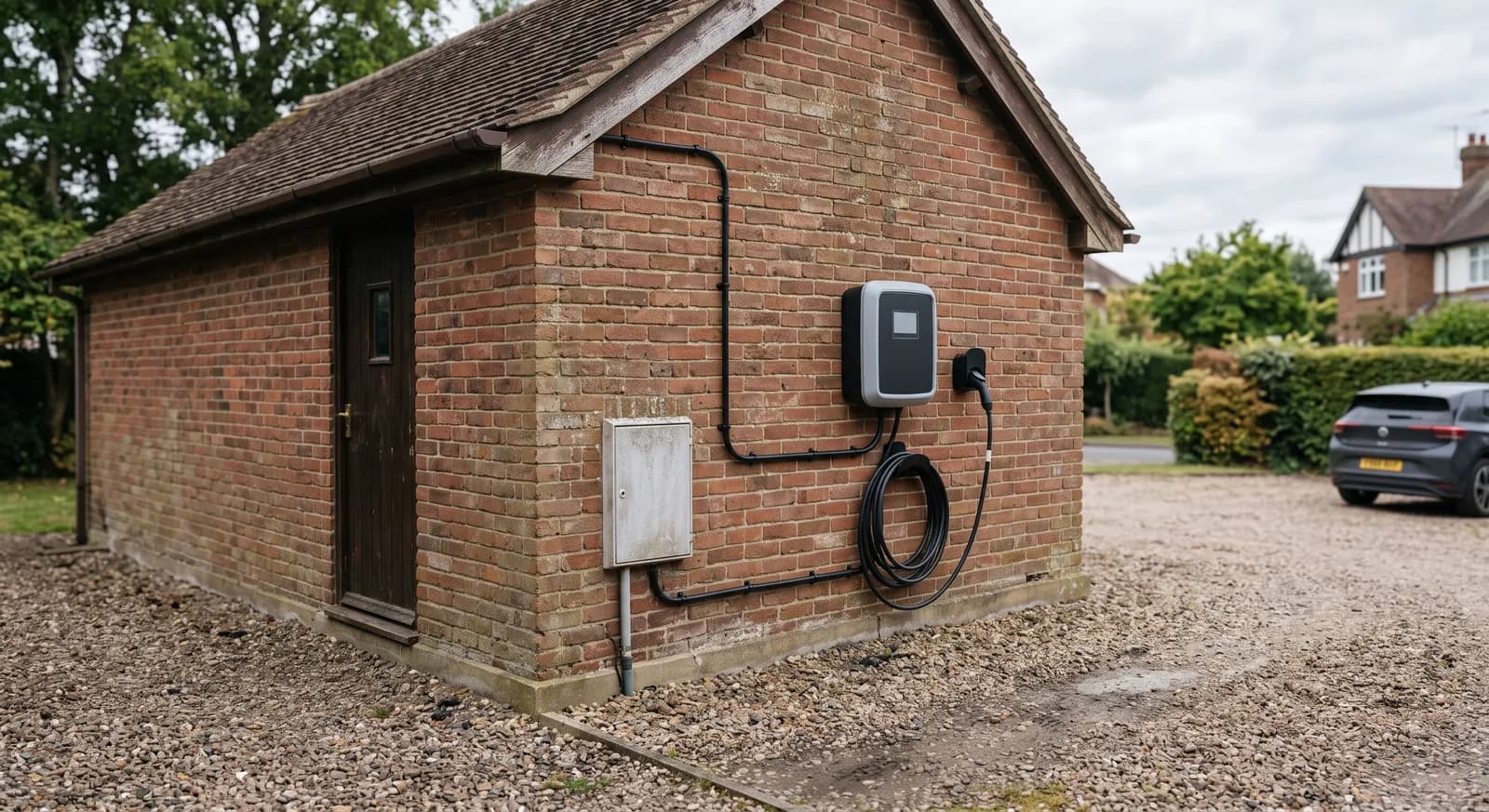 A grey EV charge point mounted on the brick wall of a detached garage, with black conduit running down from the eaves to an isolator box and the tethered cable coiled beside it