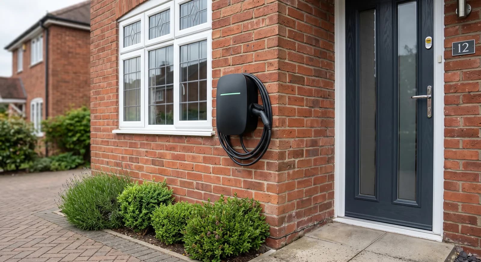 A black tethered EV charge point with the connector holstered, mounted on the red-brick front elevation of a house beside a grey composite front door and a white bay window