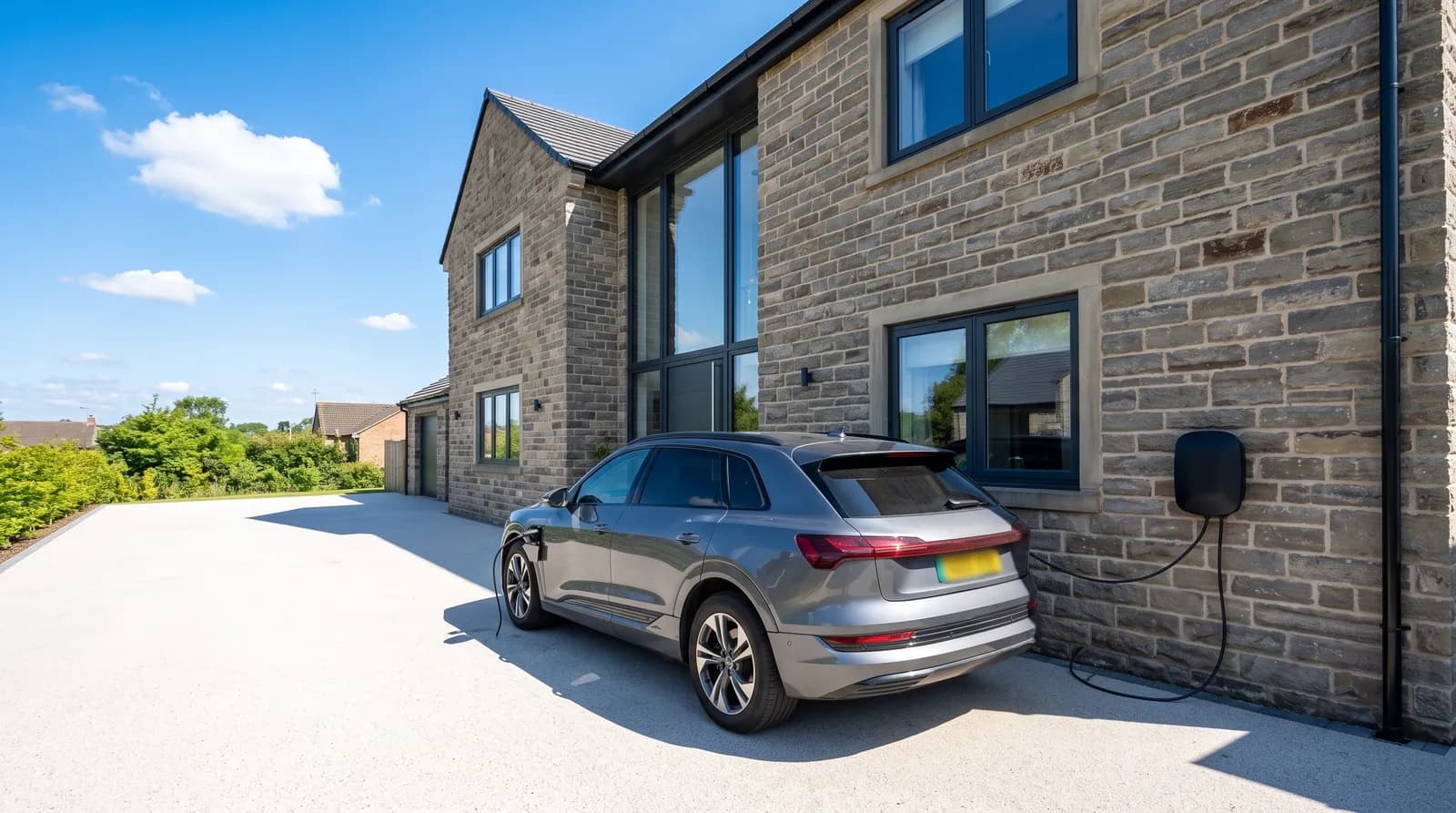 An electric estate car charging on the pale resin driveway of a modern stone-clad house, the charge point mounted on the stone beside a tall window
